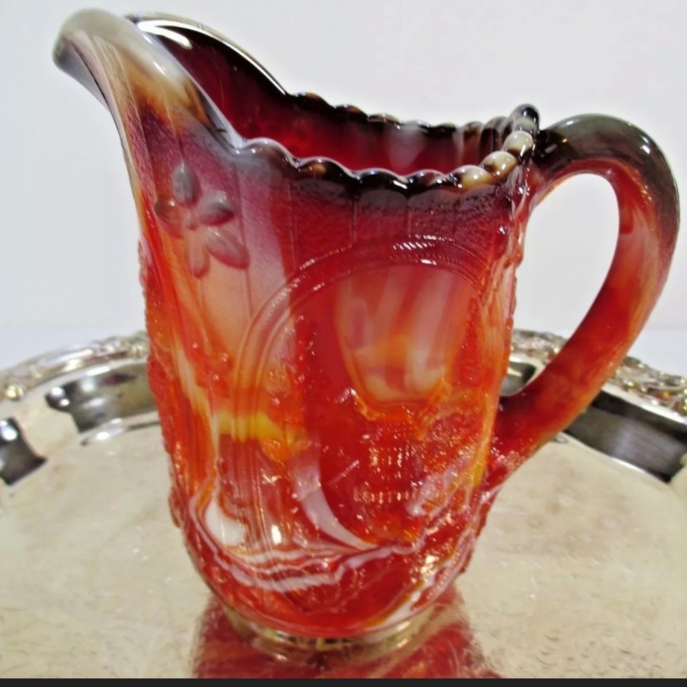 Red Slag Glass Pitcher Imperial Windmill House Lake and Fisherman #42